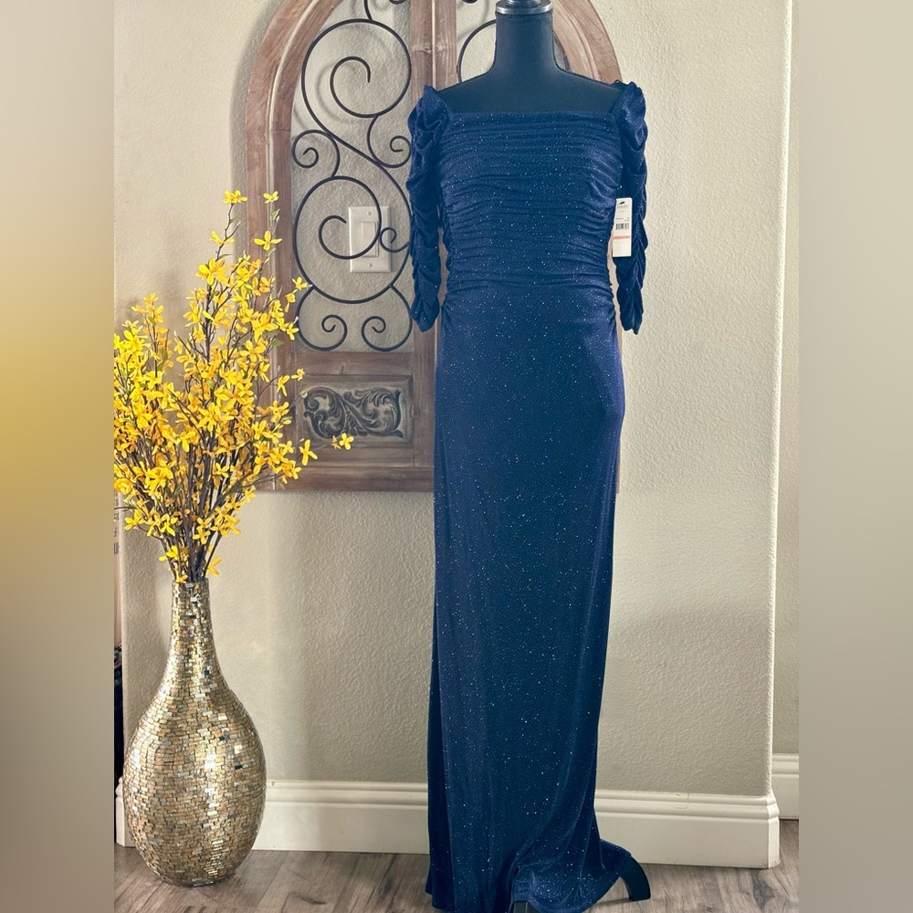 Square Neck Sparkly navy blue long Gown